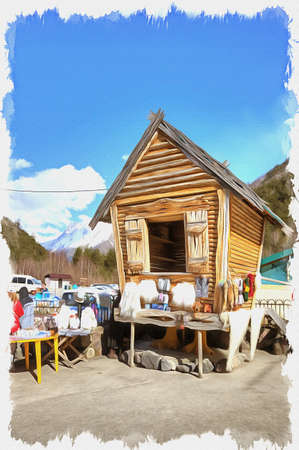 Oil paint on canvas. Picture with photo, imitation of painting. Illustration. Fairytale log cabin and little market of the warm knitted thingsの写真素材