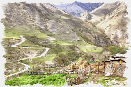 Oil paint on canvas. Picture with photo, imitation of painting. Illustration. Vegetable garden in mountains and mountain road. Mountain landscapeの写真素材