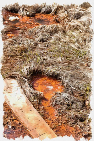 Oil paint on canvas. Picture with photo, imitation of painting. Illustration. The spring with healing water seltzer in Valley of Narzanの写真素材