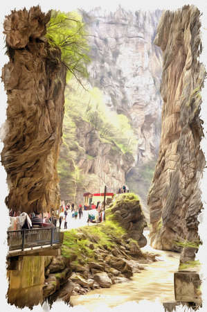 Oil paint on canvas. Picture with photo, imitation of painting. Illustration. Chegem canyon. Road to the Chegem gorge along the river Chegemの写真素材