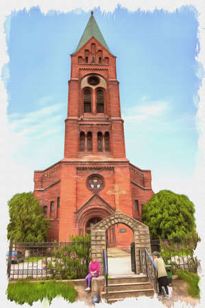 Picture from a photo. Oil paint. Imitation. Illustration. Former Protestant reformist church of Insterburg, now Orthodox Church of Archangel Michaelの写真素材