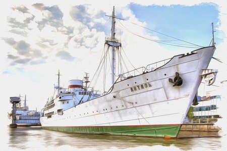 Picture from a photo. Oil paint. Imitation. Illustration. Soviet research vessel on the Pregolya Riverの写真素材