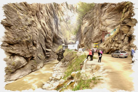 Oil paint on canvas. Picture with photo, imitation of painting. Illustration. Chegem canyon. Road to the Chegem gorge along the river Chegemの写真素材