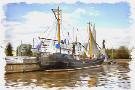 Picture from a photo. Oil paint. Imitation. Illustration. The average fishing trawler of one of the domestic fishing vessels of the post-war periodの写真素材