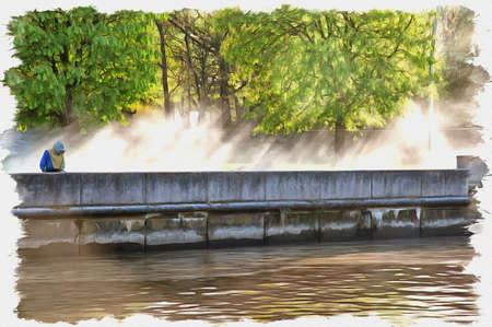 Picture from a photo. Oil paint. Imitation. Illustration. Worker removes dirt from the parapet on the embankment of the Pregolya River in the city of Kaliningradの写真素材