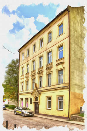 Picture from a photo. Oil paint. Imitation. Illustration. Architectural monument. The house in which in June 1812 the French emperor Napoleon Bonaparte stayedの写真素材