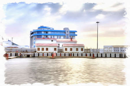 Oil paint on canvas. Picture with photo, imitation of painting. Illustration. Complex of building of municipal marine portの写真素材