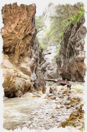 Oil paint on canvas. Picture with photo, imitation of painting. Illustration. Chegem canyon. Road to the Chegem gorge along the river Chegemの写真素材