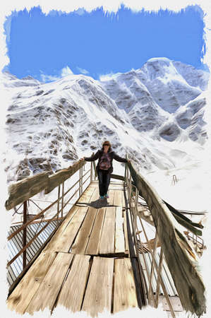 Oil paint on canvas. Picture with photo, imitation of painting. Illustration. Great Caucasus Range. Woman on verge of flooring on a background mountainsの写真素材