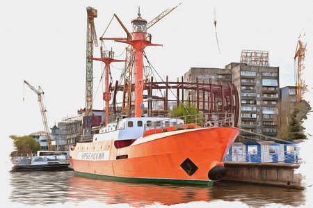Picture from a photo. Oil paint. Imitation. Illustration. Irbensky floating beacon, a ship of special design, equipped with a lighthouse fire, a radiobeacon, a sound transmitter and a hydroacoustic warning deviceの写真素材