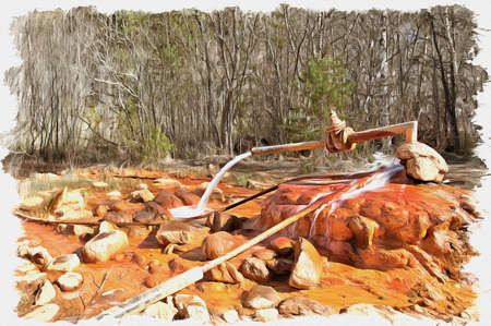 Oil paint on canvas. Picture with photo, imitation of painting. Illustration. Powerful output source to the surface with mineral water seltzerの写真素材