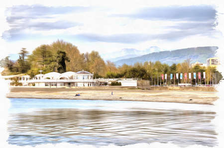 Oil paint on canvas. Picture with photo, imitation of painting. Illustration. View of the Black Sea coast of Sochiの写真素材