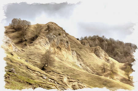 Oil paint on canvas. Picture with photo, imitation of painting. Illustration. One of the peaks of the Caucasus mountain range,の写真素材