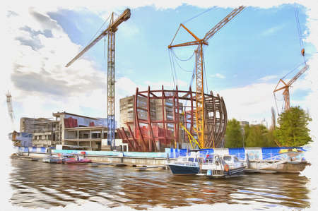 Picture from a photo. Oil paint. Imitation. Illustration. Construction of a new original exhibition pavilion on the bank of the Pregola Riverの写真素材