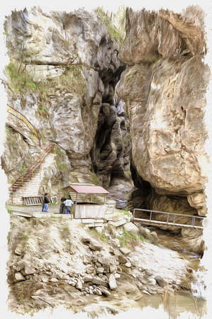 Oil paint on canvas. Picture with photo, imitation of painting. Illustration. Chegem canyon. Little arbor on a path to the survey ground near the river Chegem in Chegem Gorgeの写真素材