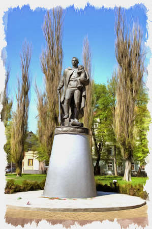 Picture from a photo. Oil paint. Illustration. Monument to the Warrior-liberator on street of Victory. It is a reduced variation of the Warrior-Liberator monument, located in Treptow Park in Berlinの写真素材