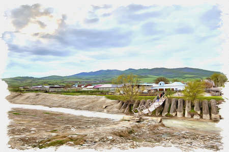 Oil paint on canvas. Picture with photo, imitation of painting. Illustration. A small mountain village in the mountains of the Caucasusの写真素材