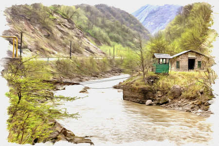 Oil paint on canvas. Picture with photo, imitation of painting. Illustration. Caucasus. Mountain landscape, views of the river Chegemの写真素材
