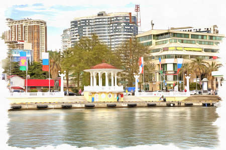 Oil paint on canvas. Picture with photo, imitation of painting. Illustration. Modern urban building resorts and hotels on the shores of the Black Seaの写真素材