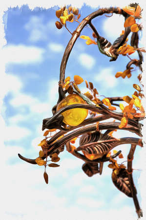 Picture from a photo. Oil paint. Imitation. Illustration. Amazing metal tree with amber leaves and amber fruits on the observation deck of the Primorsky quarry of the Amber Combineの写真素材