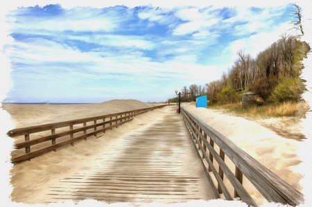 Picture from a photo. Oil paint. Imitation. Illustration. Wooden promenade along the Baltic Sea coast near the village of Yantarnyの写真素材