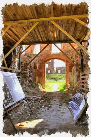 Picture from a photo. Oil paint. Imitation. Illustration. Neman city. The ruins of the ancient German knightly order Ragnit Castleの写真素材