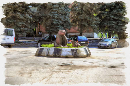 Picture from a photo. Oil paint. Imitation. Illustration. Sculpture Ursa Bear with a cub bear on Victory Street in the middle of the highwayの写真素材