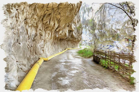 Oil paint on canvas. Picture with photo, imitation of painting. Illustration. The narrow dangerous road on the steep slope of rocks in Cherek gorgeの写真素材