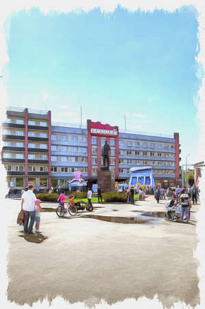 Picture from a photo. Oil paint. Imitation. Illustration. City landscape. Lenin Square in Sovetsk cityの写真素材
