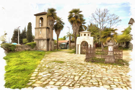 Oil paint on canvas. Picture with photo, imitation of painting. Illustration. Ancient Orthodox temple of Dormition of most Holy our Lady of built in the X century. Republics of Abhaziaの写真素材