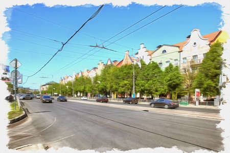 Picture from a photo. Oil paint. Imitation. Illustration. Facade of a beautiful restored house on Leninsky Prospektの写真素材