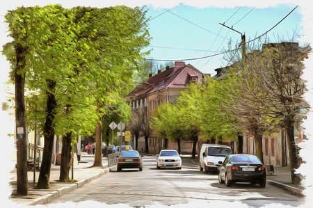 Picture from a photo. Oil paint. Imitation. Illustration. City landscape. Shkolnaya Street in Sovetsk cityの写真素材