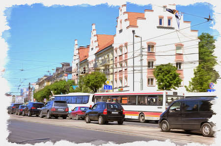 Picture from a photo. Oil paint. Imitation. Illustration. Facade of a beautiful restored house on Leninsky Prospektの写真素材