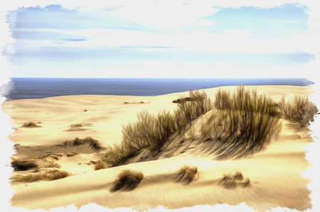Picture from a photo. Oil paint. Imitation. Illustration. Kaliningrad region. View of the Curonian Spit, from the height of the dune Efa. Monument of natureの写真素材