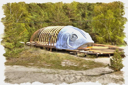 Picture from a photo. Oil paint. Imitation. Illustration. Coast of the Baltic Sea. Building a cafe in the form of a huge fishの写真素材