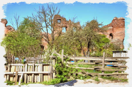 Picture from a photo. Oil paint. Imitation. Illustration. Neman city. The ruins of the ancient German knightly order Ragnit Castleの写真素材