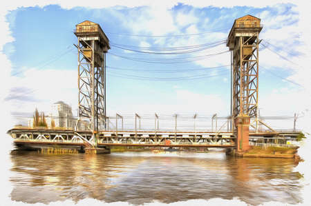 Picture from a photo. Oil paint. Imitation. Illustration. Unique automobile and railway double-deck drawbridge across the Pregolya River in the city of Kaliningradの写真素材