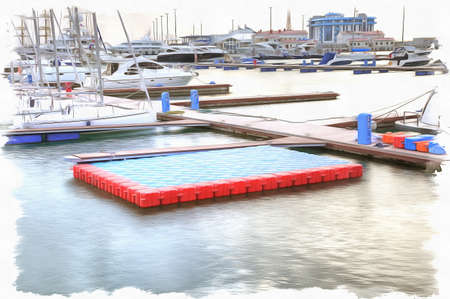 Oil paint on canvas. Picture with photo, imitation of painting. Illustration. Yachts are in marine port of cityの写真素材