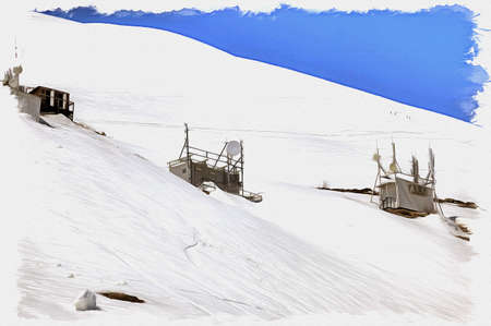 Oil paint on canvas. Picture with photo, imitation of painting. Illustration. Great Caucasus Range. View of the relay station on the mountain Chegetの写真素材