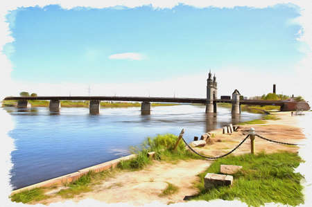 Picture from a photo. Oil paint. Imitation. Illustration. The bridge of Queen Louise. Border road bridge over the Neman riverの写真素材