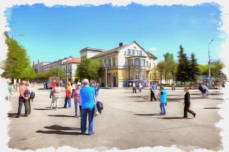 Picture from a photo. Oil paint. Imitation. Illustration. City landscape. Lenin Square in Sovetsk cityの写真素材