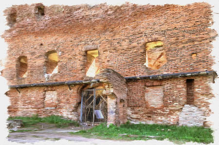 Picture from a photo. Oil paint. Imitation. Illustration. Neman city. The ruins of the ancient German knightly order Ragnit Castleの写真素材