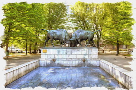 Picture from a photo. Oil paint. Imitation. Illustration. One of the most famous sculptural compositions of the city, the fountain with the Fighting Wisentsの写真素材