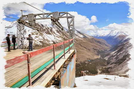 Oil paint on canvas. Picture with photo, imitation of painting. Illustration. Great Caucasus Range. Station of ropeway on the slope of mountain Chegetの写真素材