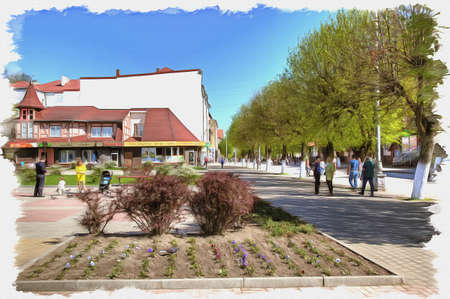 Picture from a photo. Oil paint. Imitation. Illustration. City landscape. Victory Street in Sovetsk cityの写真素材