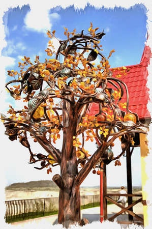 Picture from a photo. Oil paint. Imitation. Illustration. Amazing metal tree with amber leaves and amber fruits on the observation deck of the Primorsky quarry of the Amber Combineの写真素材