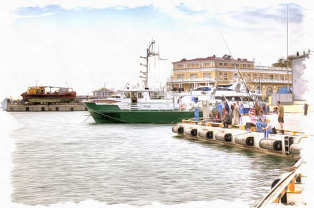Oil paint on canvas. Picture with photo, imitation of painting. Illustration. Cutters are in marine port of cityの写真素材