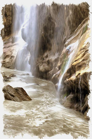 Oil paint on canvas. Picture with photo, imitation of painting. Illustration. Caucasus. Cascade of waterfalls in Chegem canyonの写真素材