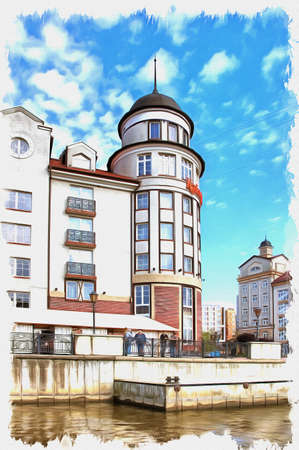 Picture from a photo. Oil paint. Imitation. Illustration. Rybnaya derevnya in the city of Kaliningrad. The buildings are built in the German styleの写真素材