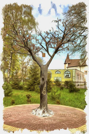 Picture from a photo. Oil paint. Imitation. Illustration. Metal tree with amber leaves and the icon of St. Nicholas the Wonderworker on the territory of the Church of the Icon of the Mother of God of Kazan in the Yantarnyの写真素材